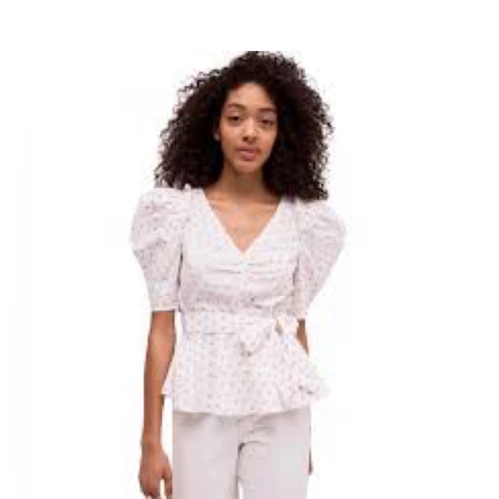 Kate Spade ♠️ Pink Polka Dot Puff Sleeve Wrap Blouse